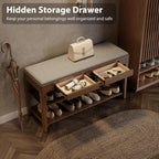 Shoe Bench with Storage, Wooden Shoe Storage Bench with Cushion&Hidden Drawer, 2-Tier Shoe Rack Bench for Entryway, Mudroom, Hallway
