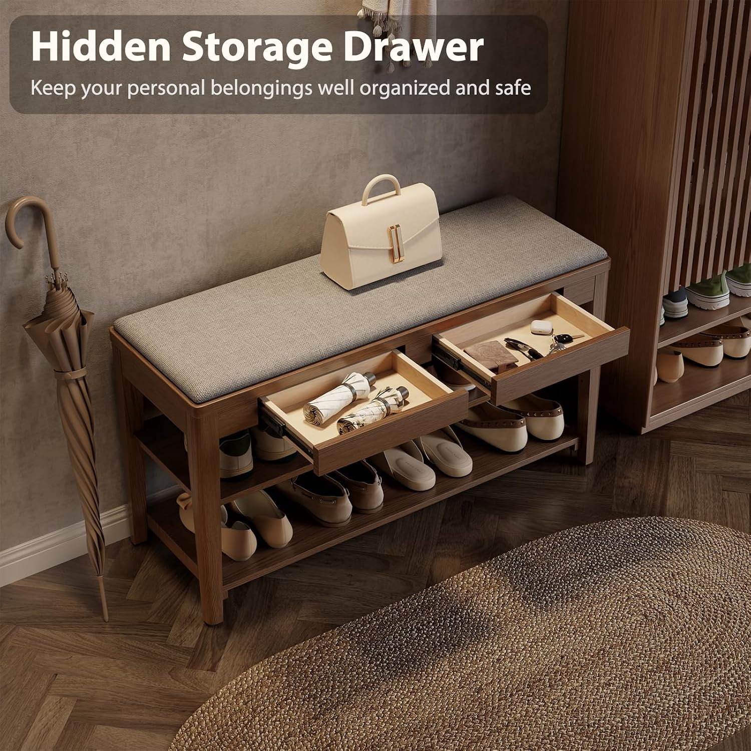 Shoe Bench with Storage, Wooden Shoe Storage Bench with Cushion&Hidden Drawer, 2-Tier Shoe Rack Bench for Entryway, Mudroom, Hallway