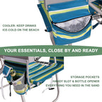 Romswi Tall Beach Chair Extra Wide for Adults, 17" High Seat Backpack Beach Chair with Cooler Bag, Cup & Phone Holder, 5-Position High Back Reclining Chair with Towel Bar & Zipper Pocket, Blue Stripes