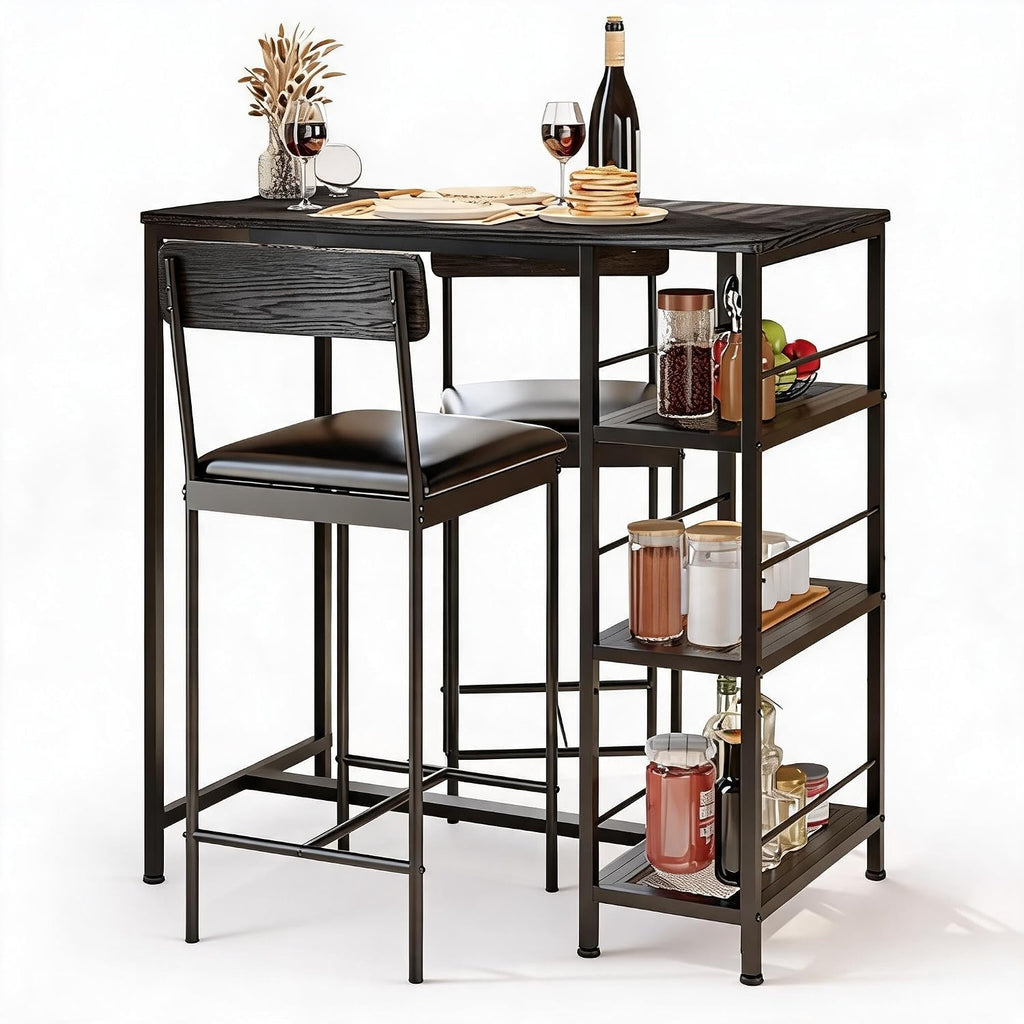 3-Piece Bar Table Set with 2 Bar Stools, Built-in Wine Rack and 3-Tier Storage Shelf, Industrial Metal Frame, Space-Saving Ideal for Small Kitchens, Apartments, and Breakfast Nooks