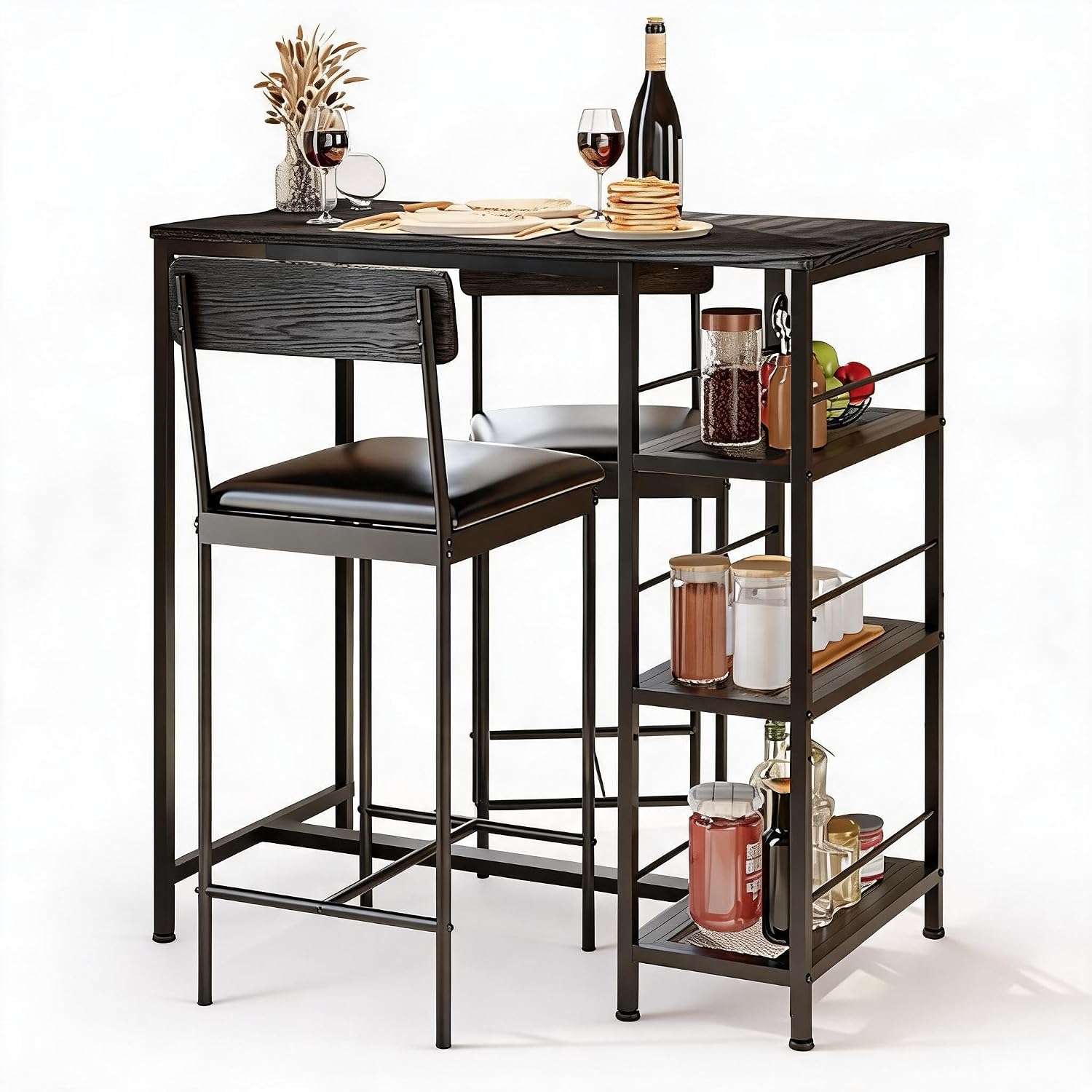 3-Piece Bar Table Set with 2 Bar Stools, Built-in Wine Rack and 3-Tier Storage Shelf, Industrial Metal Frame, Space-Saving Ideal for Small Kitchens, Apartments, and Breakfast Nooks