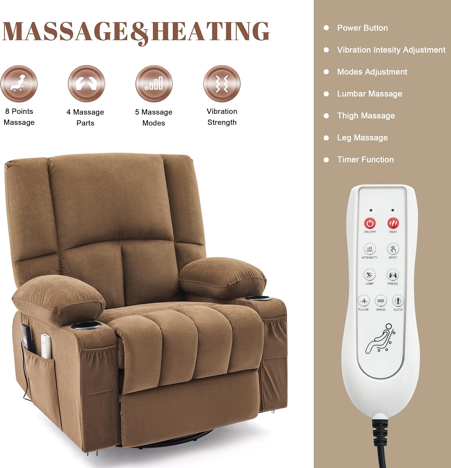 Oversized Recliner Chairs for Adults, 270° Swivel Rocker Recliner with Heat and Massage Lazy Boy Recliner,Recliner Chairs Single Sofa Seat with Cup Holders (Brown,Electric)