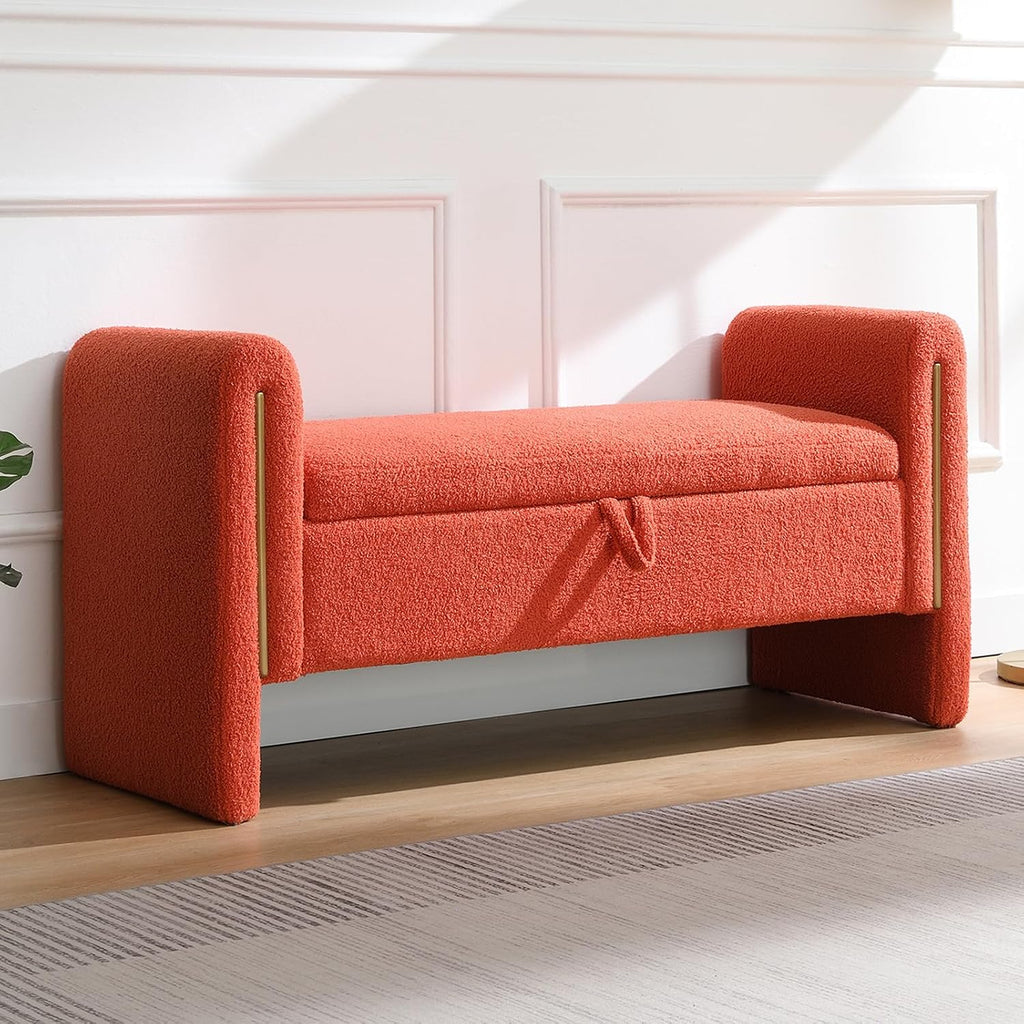 NIOIIKIT 52" Storage Ottoman Bench, Teddy Upholstered Storage Bench with Armrest, Entryway Bench with Pull-Ring, End of Bed Bench, Window Bench for Living Room (Orange)