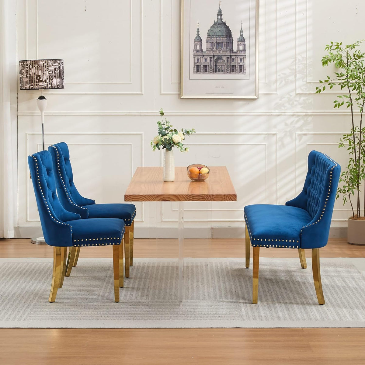 KEIKI Velvet Tufted Loveseat Bench, Double Dining Room Chairs, 2-Seat Tufted Seat with Nailhead Trim Chairs with Gold Plated Steel Legs and Padded Seat, Blue