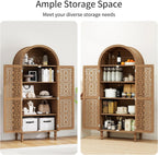 70" Tall Arched Storage Cabinet with 2 Hollow Carved Doors, Boho Kitchen Pantry with 5-Tier Storage Space, Modern Farmhouse Cupboard Bookcase for Living Room, Kitchen, Study, Walnut, 1 PCS