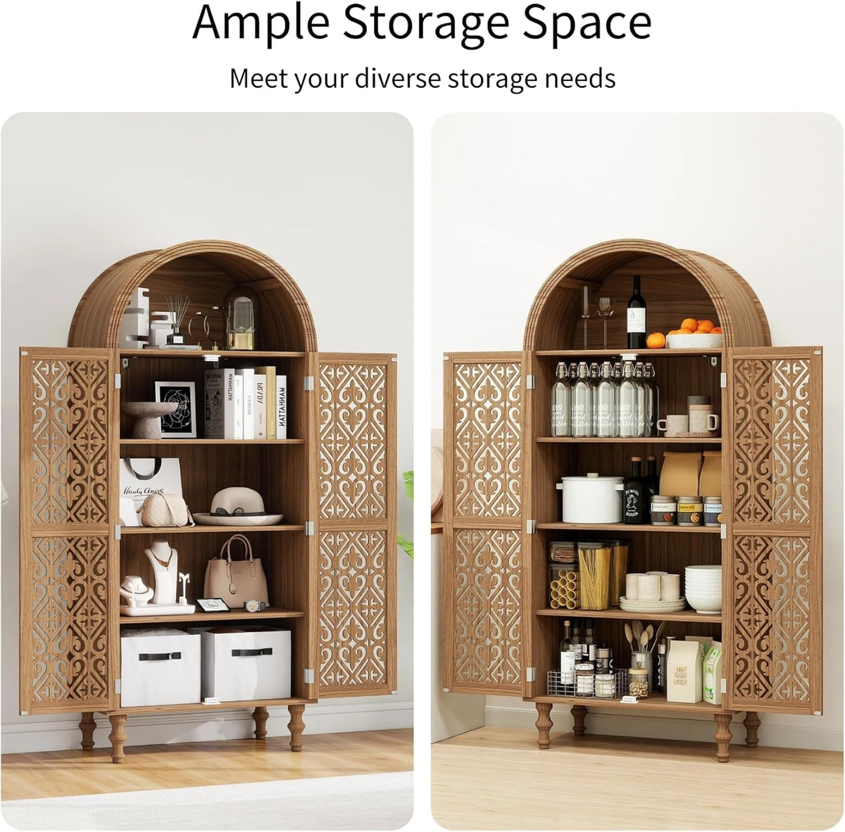 70" Tall Arched Storage Cabinet with 2 Hollow Carved Doors, Boho Kitchen Pantry with 5-Tier Storage Space, Modern Farmhouse Cupboard Bookcase for Living Room, Kitchen, Study, Walnut, 1 PCS