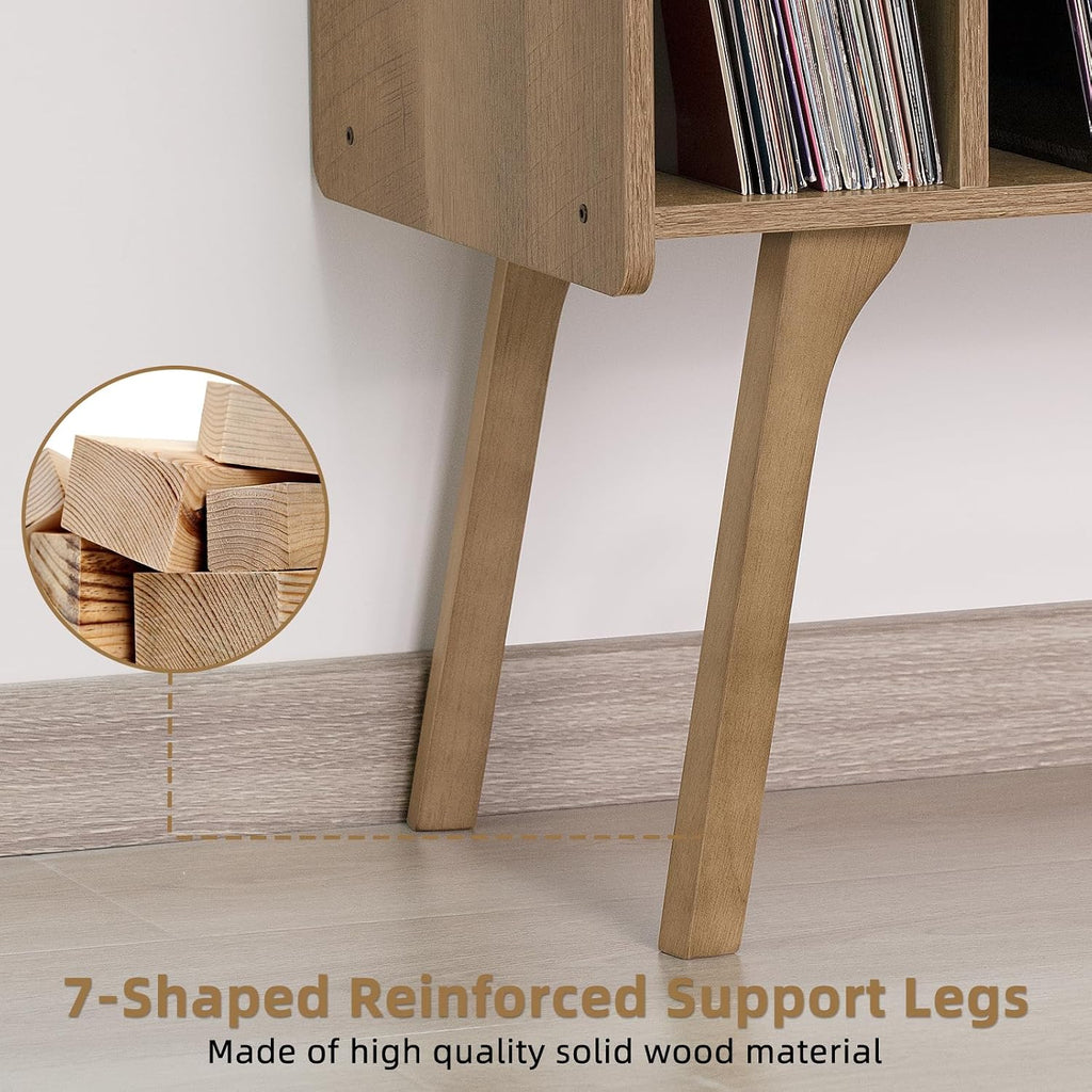 LELELINKY Wide Record Player Stand, 4-Cubby Vinyl Storage Table, Oak Grey | Mid-Century Modern Turntable Stand with Wood Legs, Up to 120 Albums, Vinyl Holder Display Shelf for Bedroom and Living Room