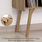 LELELINKY Wide Record Player Stand, 4-Cubby Vinyl Storage Table, Oak Grey | Mid-Century Modern Turntable Stand with Wood Legs, Up to 120 Albums, Vinyl Holder Display Shelf for Bedroom and Living Room