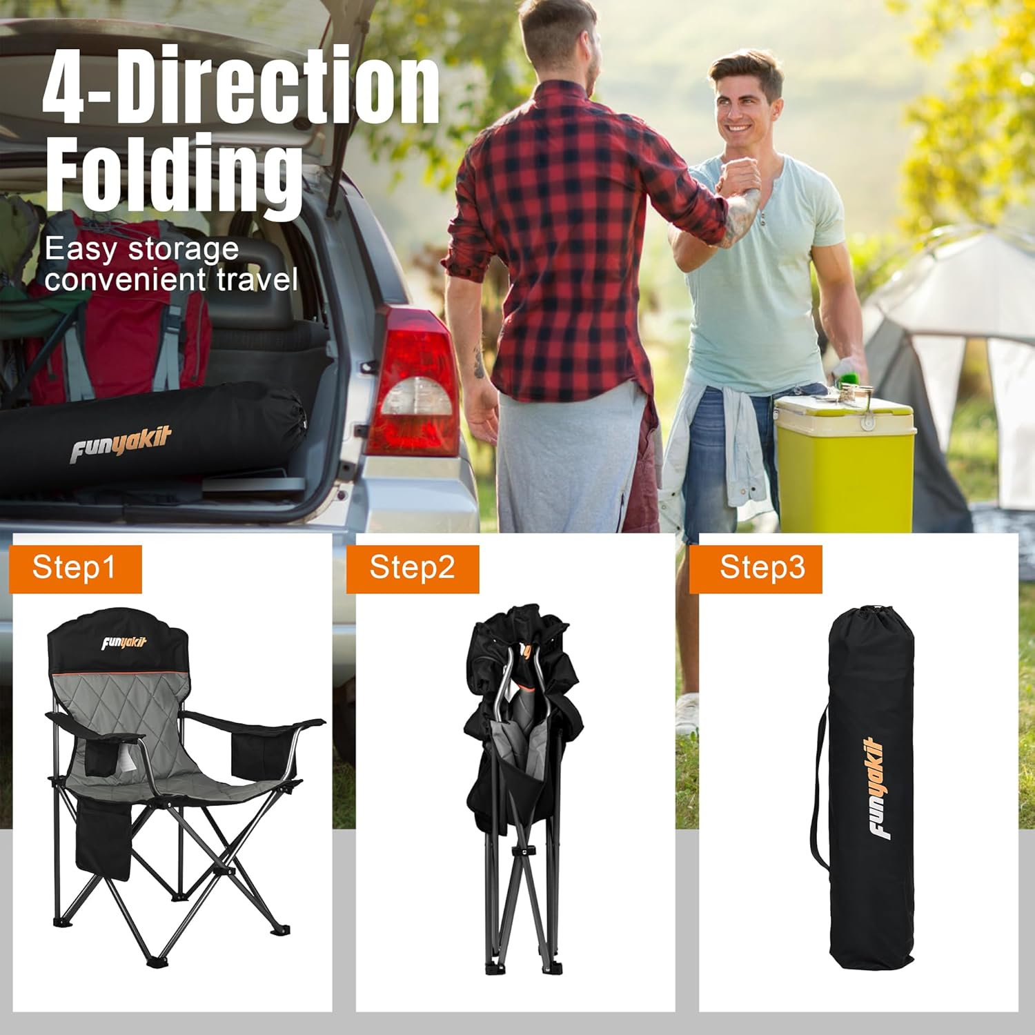 Padded Camping Chair with Sturdy Armrests, Heavy Duty Folding Chair for Adults Supports 350lbs, Portable Outdoor Chair with Reinforced Carry Bag for Camping, Fishing, Lawn & Sports