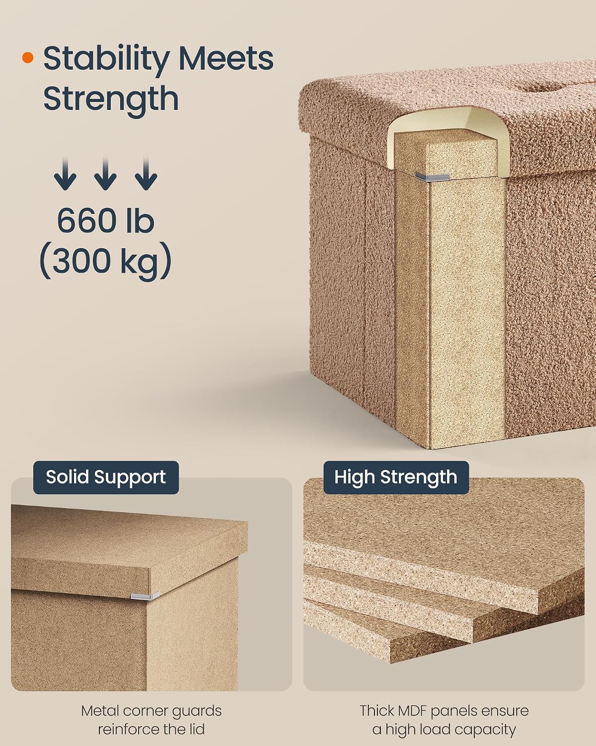 SONGMICS Large Folding Storage Ottoman Bench, 15 x 43 x 15 Inches | Foot Rest Stool, Load up to 660 lb, Tan and Ink Camel Brown, MINOTA Collection ULSF097K01