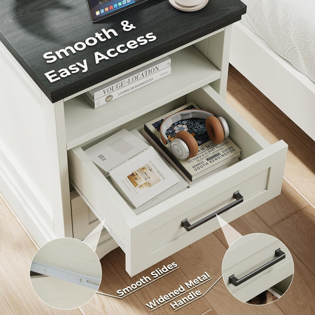 DUMOS Farmhouse Nightstand with Charging Station & USB Ports