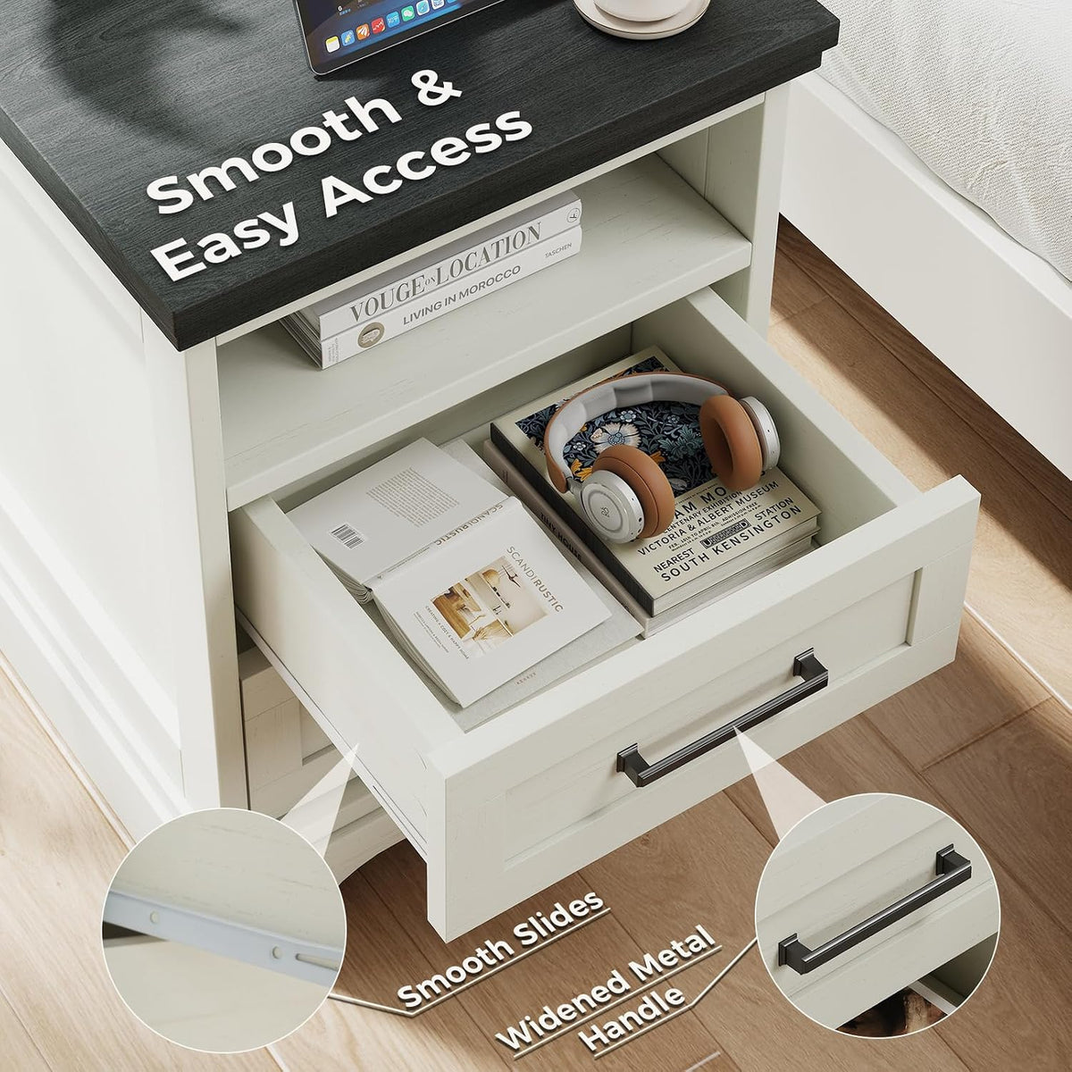 DUMOS Farmhouse Nightstand with Charging Station & USB Ports