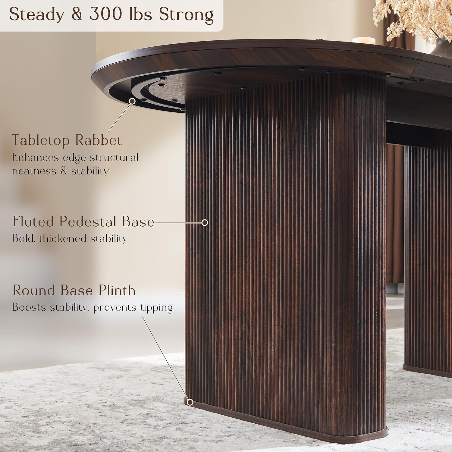 T4TREAM 63" Fluted Oval Dining Table for Kitchen Living Room, Walnut | Mid Century Modern Kitchen Table, Seats 4-6, Thickened Edge and Sturdy Strip Pedestal Base