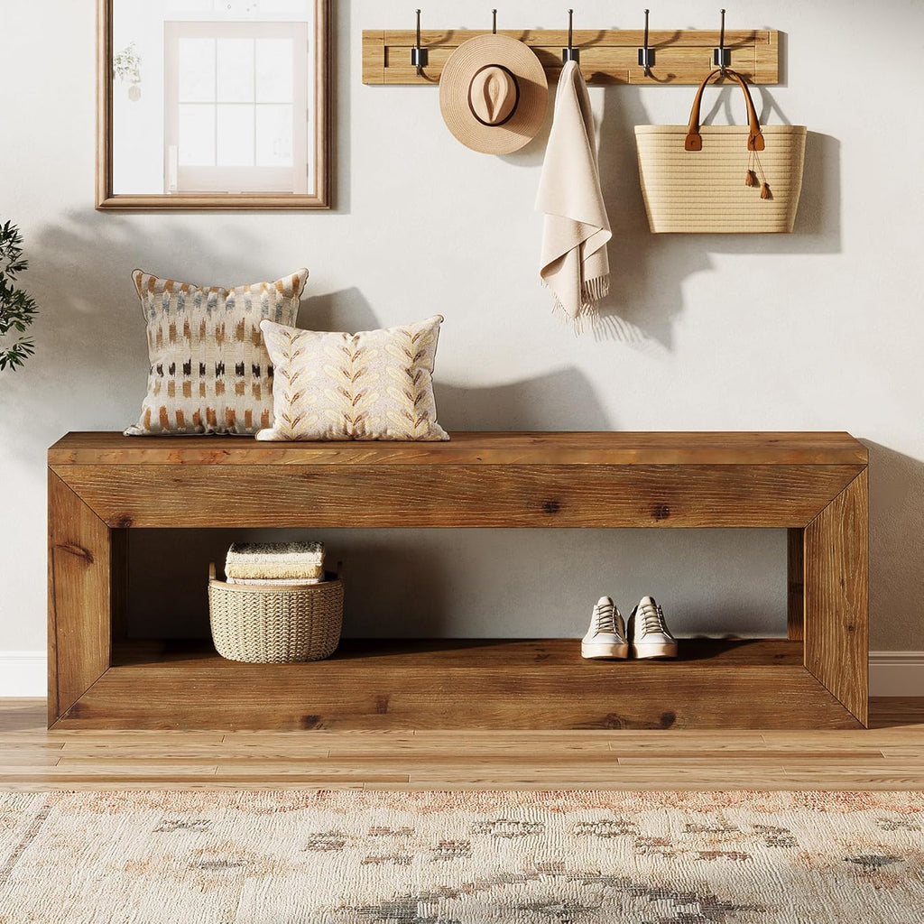 Solid Wood Entryway Bench, 47" Rustic Farmhouse Indoor Bench Seat with Storage Shelf for Entrance, Hallway, End of Bed