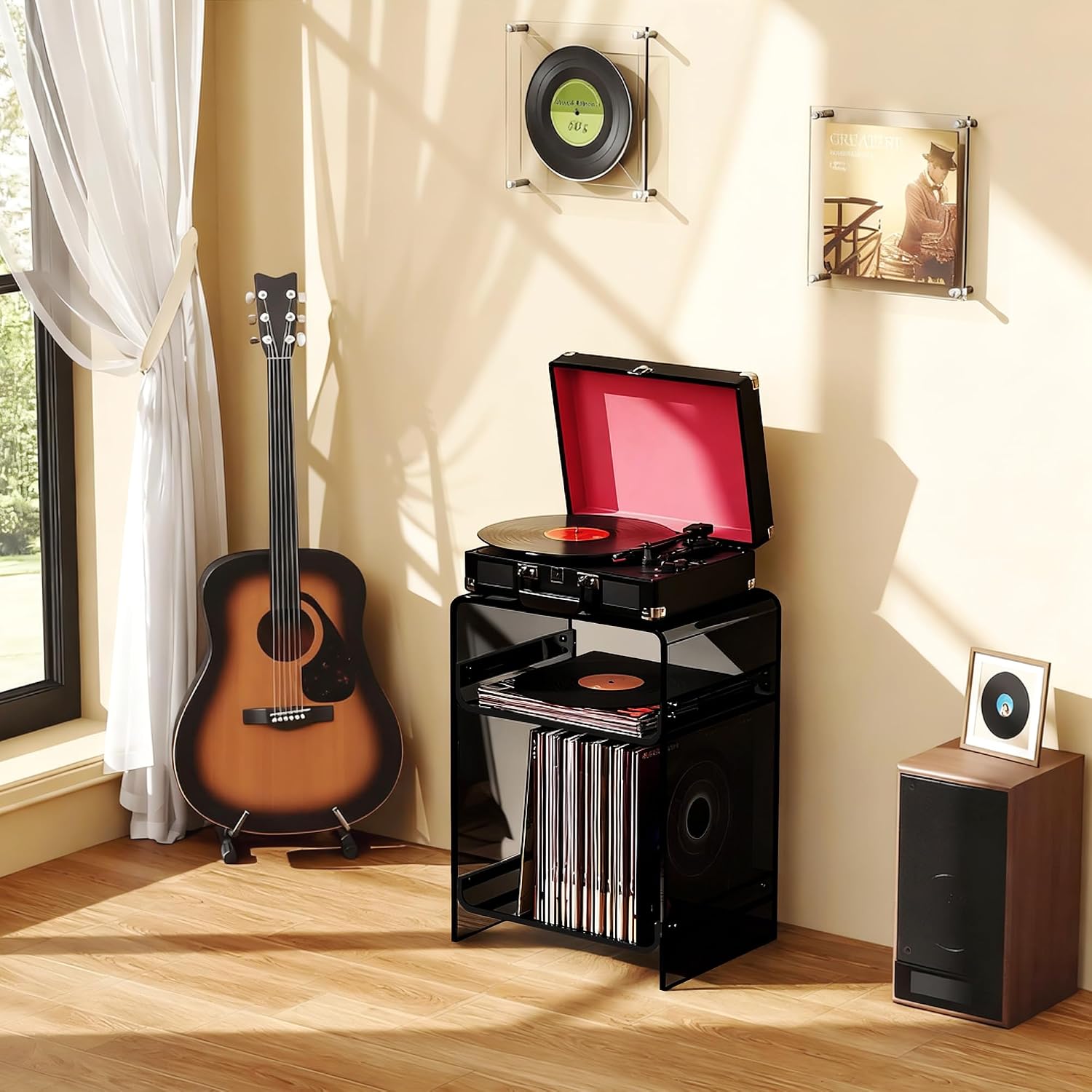 Acrylic Record Player Table with Storage Shelf, Clear Side Table Nightstand (Black, Medium)