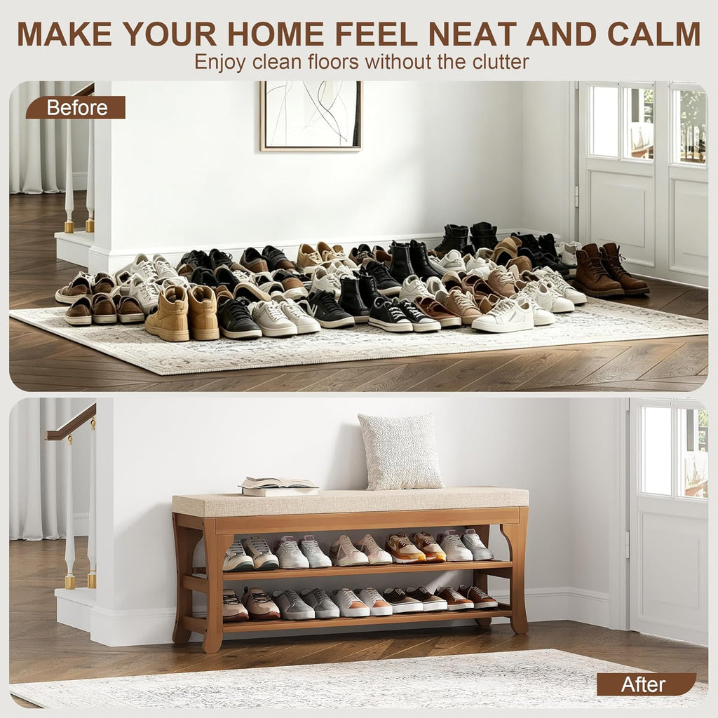 PETKABOO 39.4" Shoe Storage Bench with Cushion, Bamboo Shoe Rack Bench, 2-Tier Entryway Shoe Organizer, Supports up to 380 LB, for Hallway, Bedroom, Closet, Living Room