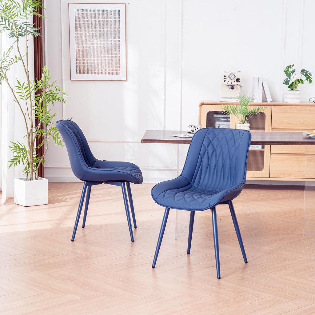 YOUNIKE Faux Leather Dining Chairs Set of 2 Mid-Century Modern High Padded Back Comfy Upholstered Kitchen Chairs with Metal Legs Wide Seat Accent Side Chair for Dining/Living/Waiting Room Navy Blue