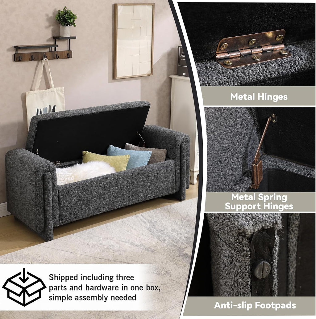 CIMOTA Modern Storage Ottoman Bench, 58” Large Upholstered Storage Bench with Armrests, Boucle Fabric Bedroom End of Bed Bench-Comfy Padded Footstool for Living Room, Entryway, Black