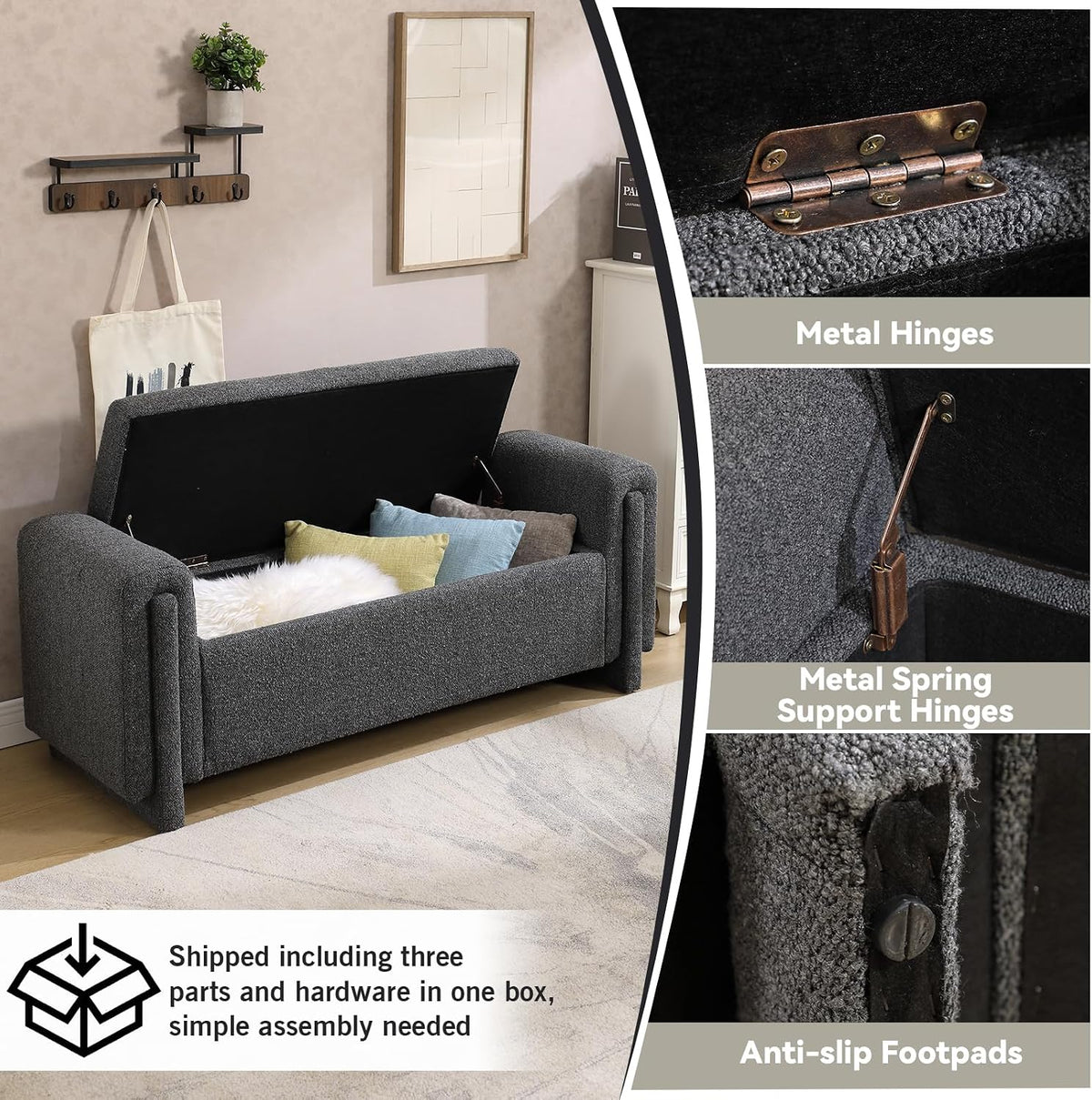 CIMOTA Modern Storage Ottoman Bench, 58” Large Upholstered Storage Bench with Armrests, Boucle Fabric Bedroom End of Bed Bench-Comfy Padded Footstool for Living Room, Entryway, Black