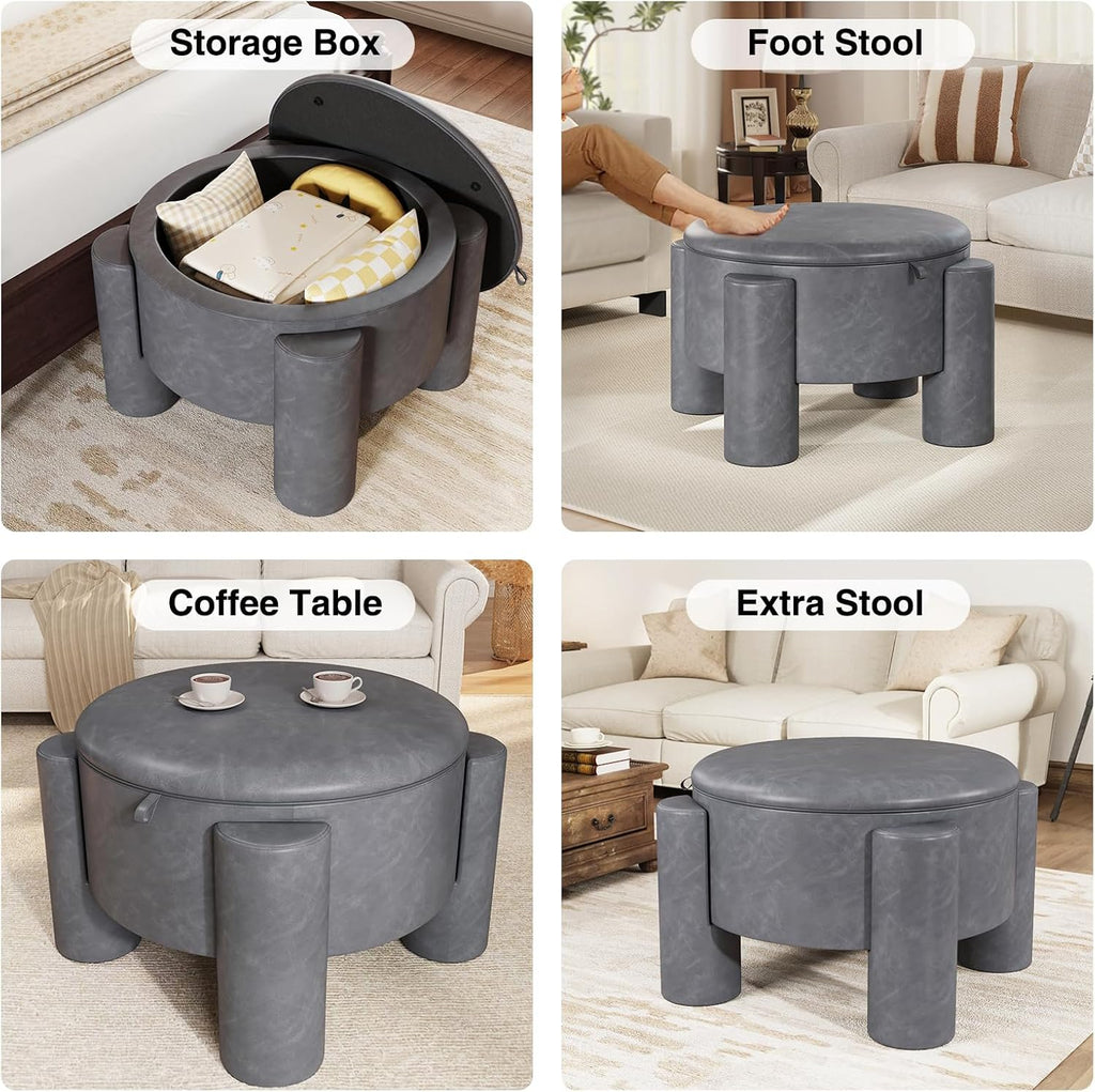 FiveWillowise 24 Inch Round Small Ottoman with Storage,Faux Leather | 24" Coffee Table,Storage Ottomans with Removable Top,Upholstered Vanity Stool for Small Spaces,Living Room,Apartment,Grey