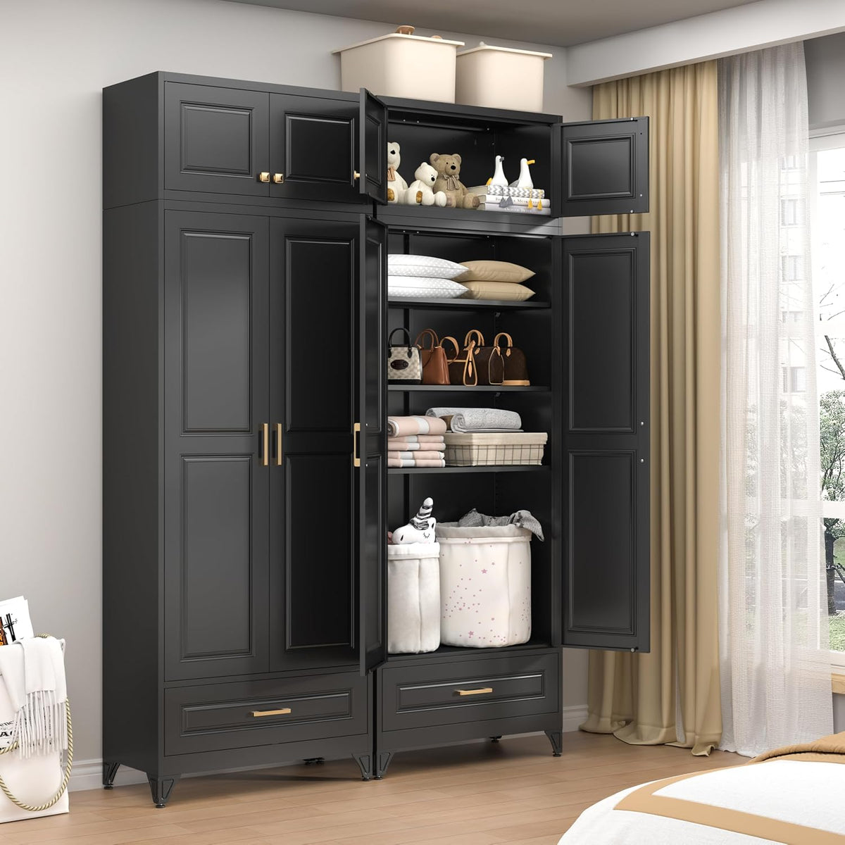 32" Wall Storage Cabinet with 2 Doors & Gold Handle | Black Metal, Hanging Design, for Bathroom, Kitchen, Rust-Resistant, Anti-Tip, Easy Assembly, Hardware Included