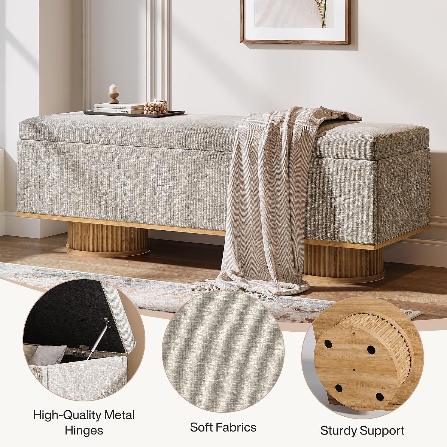Tribesigns 50.39" Storage Bench with Padded Seat Cushion, Upholstered Shoe Bench with Flip Up Storage for Bedroom, Living Room, Entryway, Load up to 330 lb, Beige + Wood Color