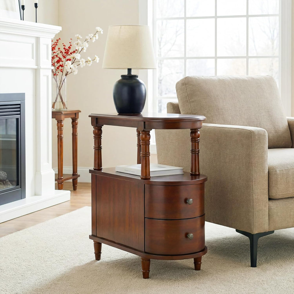 Narrow End Table with 2 Storage Drawers, Retro Vintage Sofa Beside Table, Wood Slim Telephone Table for Living Room,Saving-space, 23.4“L x 11.4"W x 25.3"H, No-Tools Assembly, Cherry Walnut BG-A508-CY