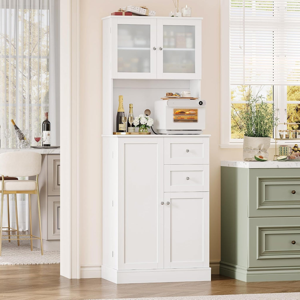 BOTLOG 72" Tall Kitchen Pantry Storage Cabinet with 4-Tier Door Shelves | Kitchen Hutch Cabinet with 2 Drawers, Frosted Glass Door for Dining Room, Modern White, Space-saving, apartment, small room