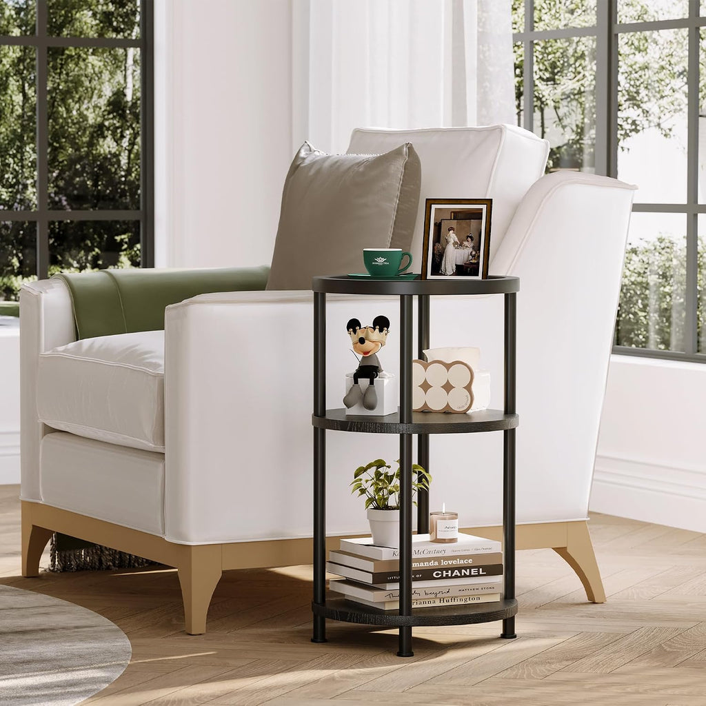 Homeiju Glass Side Table, 3-Tier Glass End Table with Adjustable Feet, Bedside Table for Small Space for Living Room, Balcony, Bedroom, Black