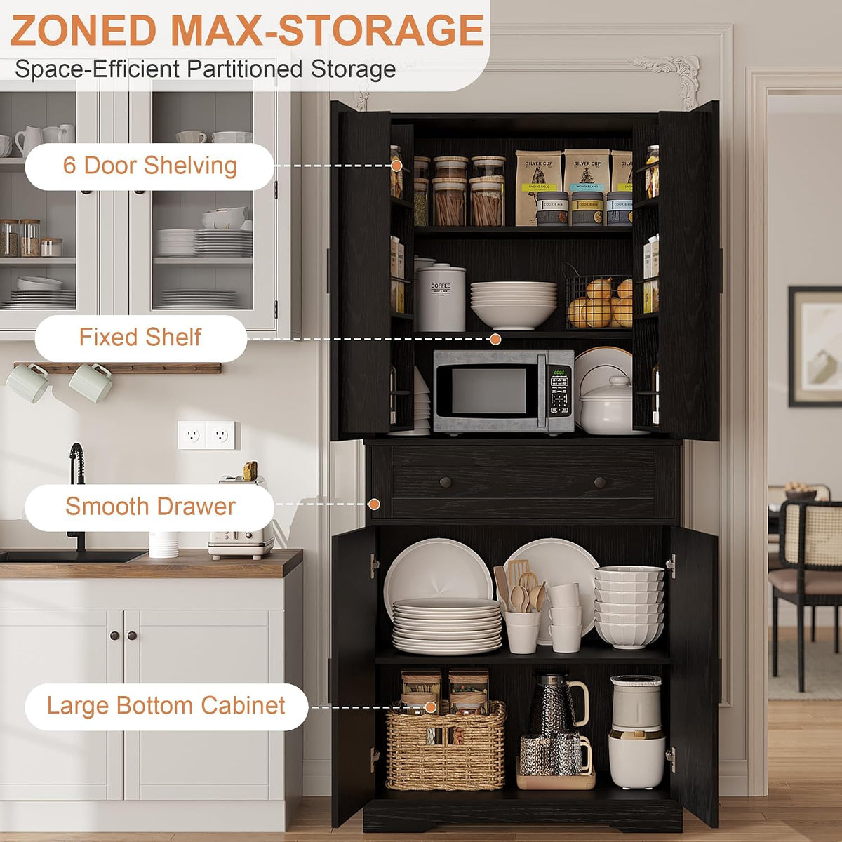 Garvee 71" Kitchen Pantry Cabinet, Barn Door Freestanding Cupboard with Drawer, Sliding Storage Rack, and 6 Hanging Shelves for Kitchen, Dining Room, Living Room Bedroom