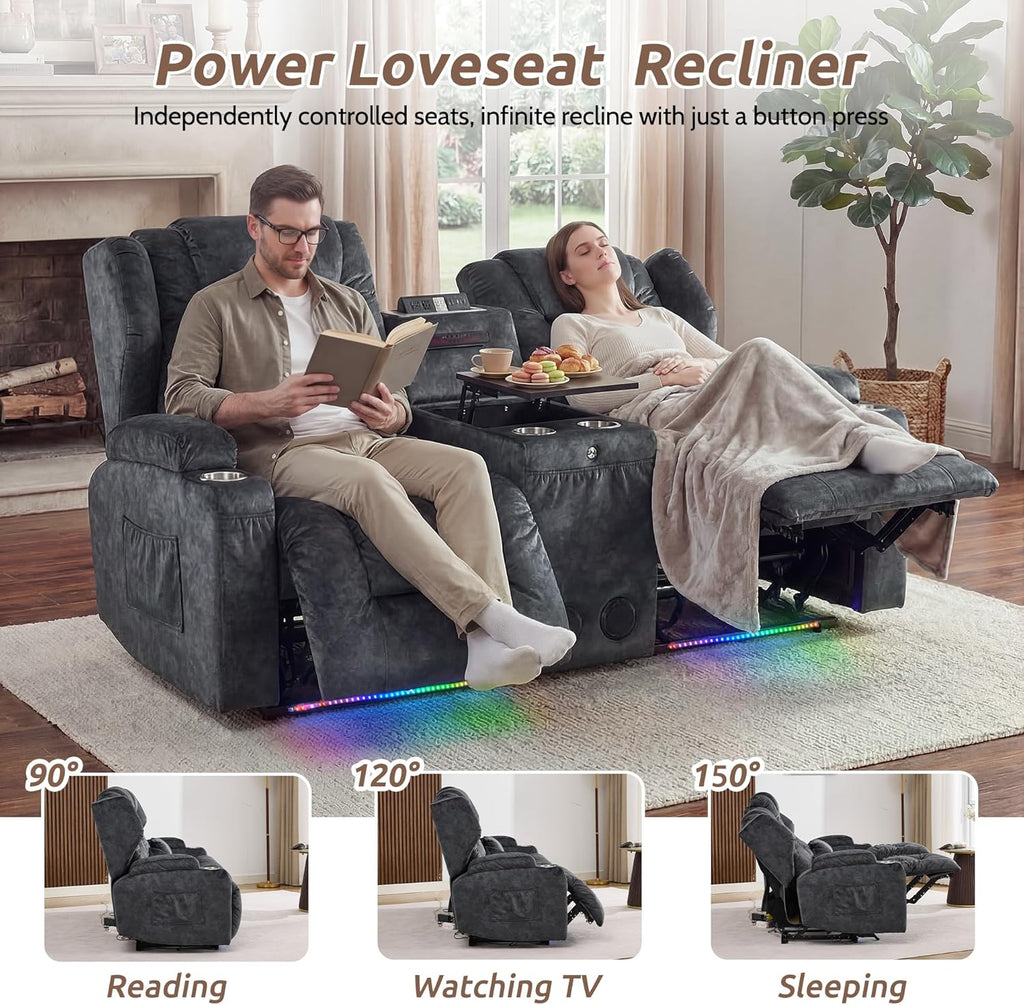 SAMERY Loveseat Recliner Sofa, Power Reclining Loveseat Sofa, Wall Hugger Recliners RV Couch with Console, Lift-Top Table, Rhythm & Ambient LED Lights, USB-C, Outlets, Velvet, Gray