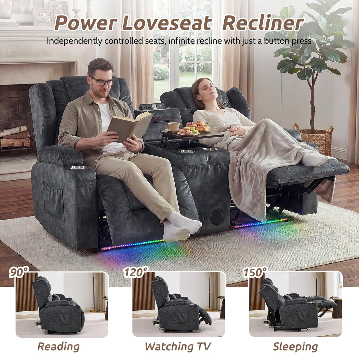 SAMERY Loveseat Recliner Sofa, Power Reclining Loveseat Sofa, Wall Hugger Recliners RV Couch with Console, Lift-Top Table, Rhythm & Ambient LED Lights, USB-C, Outlets, Velvet, Gray