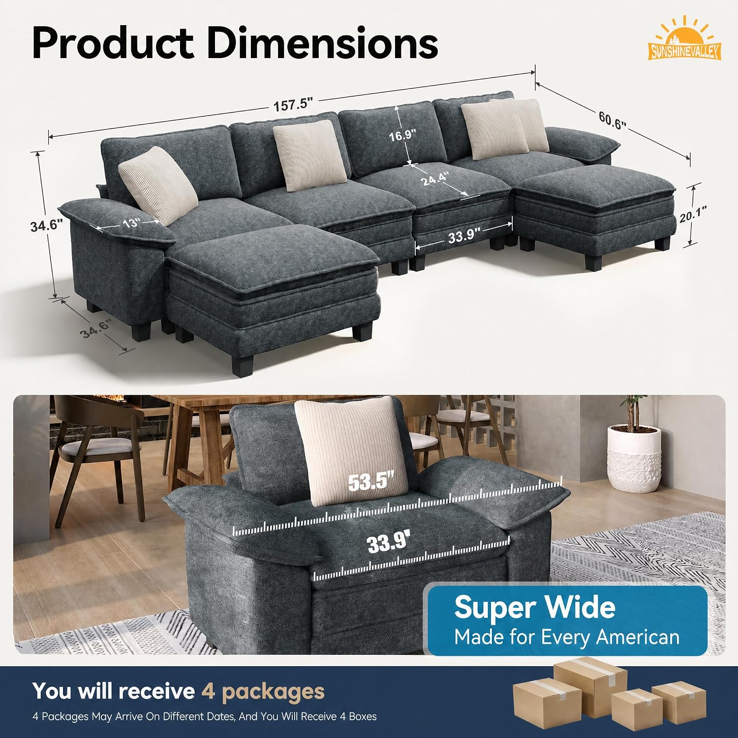 SUNSHINE VALLEY 157.5" U Shaped Modular Cloud Couch Sectional Sofa Ottoman | Chenille Blue, Modern Oversized 6-Seater, Living Room Furniture , Wider Armrest, Comfy Deep Seat, Sturdy Wood Frame