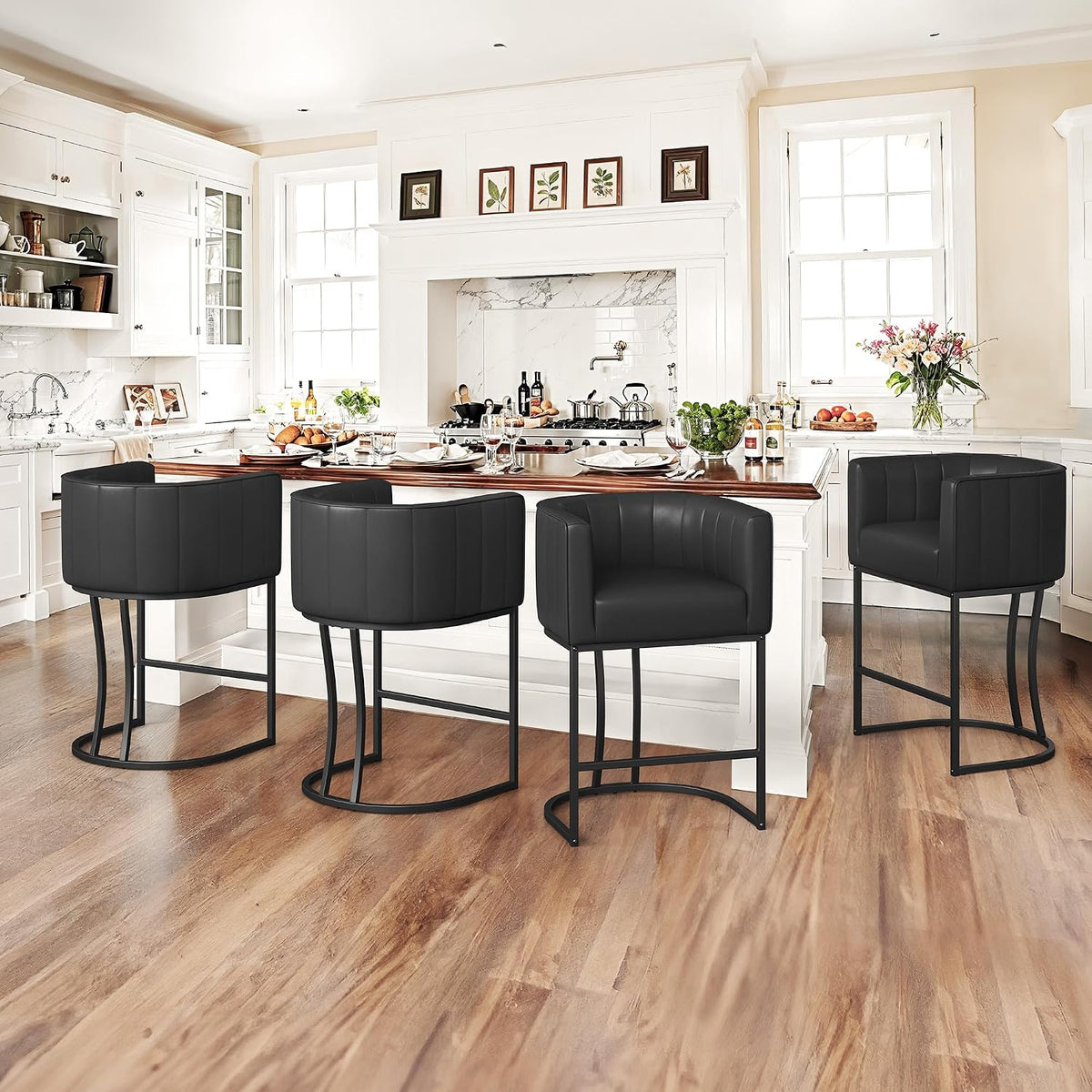 LUE BONA 26.4" H Counter Height Bar Stools Set of 2, Modern Barrel Counter Stools with Supporting Backrest and Arms, Black Metal Frame, Faux Leather Upholstered Barstools for Kitchen Islands, Black