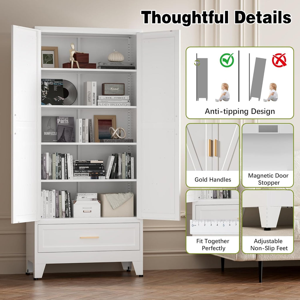 COFaR Metal Storage Cabinet, Farmhouse Storage Cabinet with 2 Doors and 4 Adjustable Shelves - 71" White Kitchen Pantry Storage 5-Tier Tall Steel Cabinets Locker for Kitchen, Living Room, Dining Room