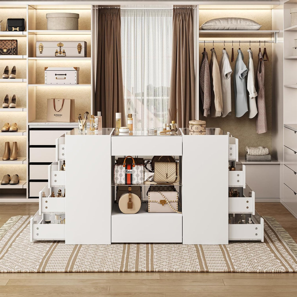 LIVAUVEAD Closet Island with 12 Drawers, Glass Top & Display Shelves, White | Wardrobe Armoire Bedroom Island, White Dresser with Glass Display Shelf, Walk-in Closet Island for Bedroom, Cloakroom