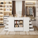 LIVAUVEAD Closet Island with 12 Drawers, Glass Top & Display Shelves, White | Wardrobe Armoire Bedroom Island, White Dresser with Glass Display Shelf, Walk-in Closet Island for Bedroom, Cloakroom