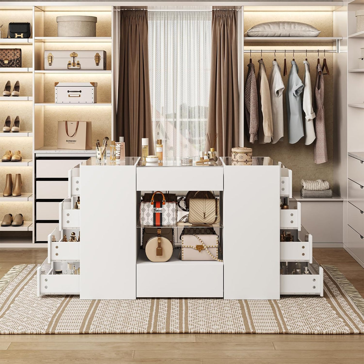 LIVAUVEAD Closet Island with 12 Drawers, Glass Top & Display Shelves, White | Wardrobe Armoire Bedroom Island, White Dresser with Glass Display Shelf, Walk-in Closet Island for Bedroom, Cloakroom