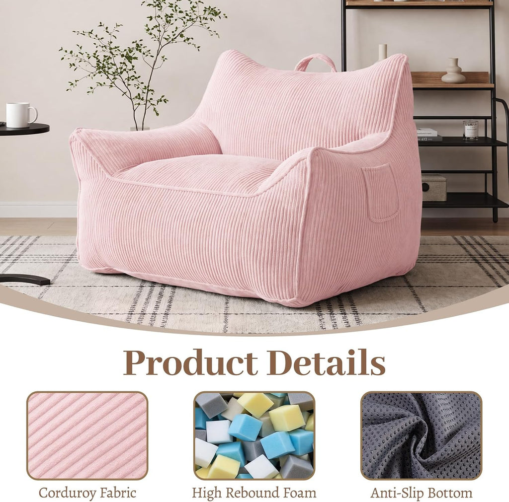 Vipbear Bean Bag Chair for Adults, Chair with Memory Foam | 35.5" Corduroy Beanbag Washable, Cozy Fluffy Chair with Pocket & Handle, Ergonomic Bedroom Sofa Chair for Gaming, Reading