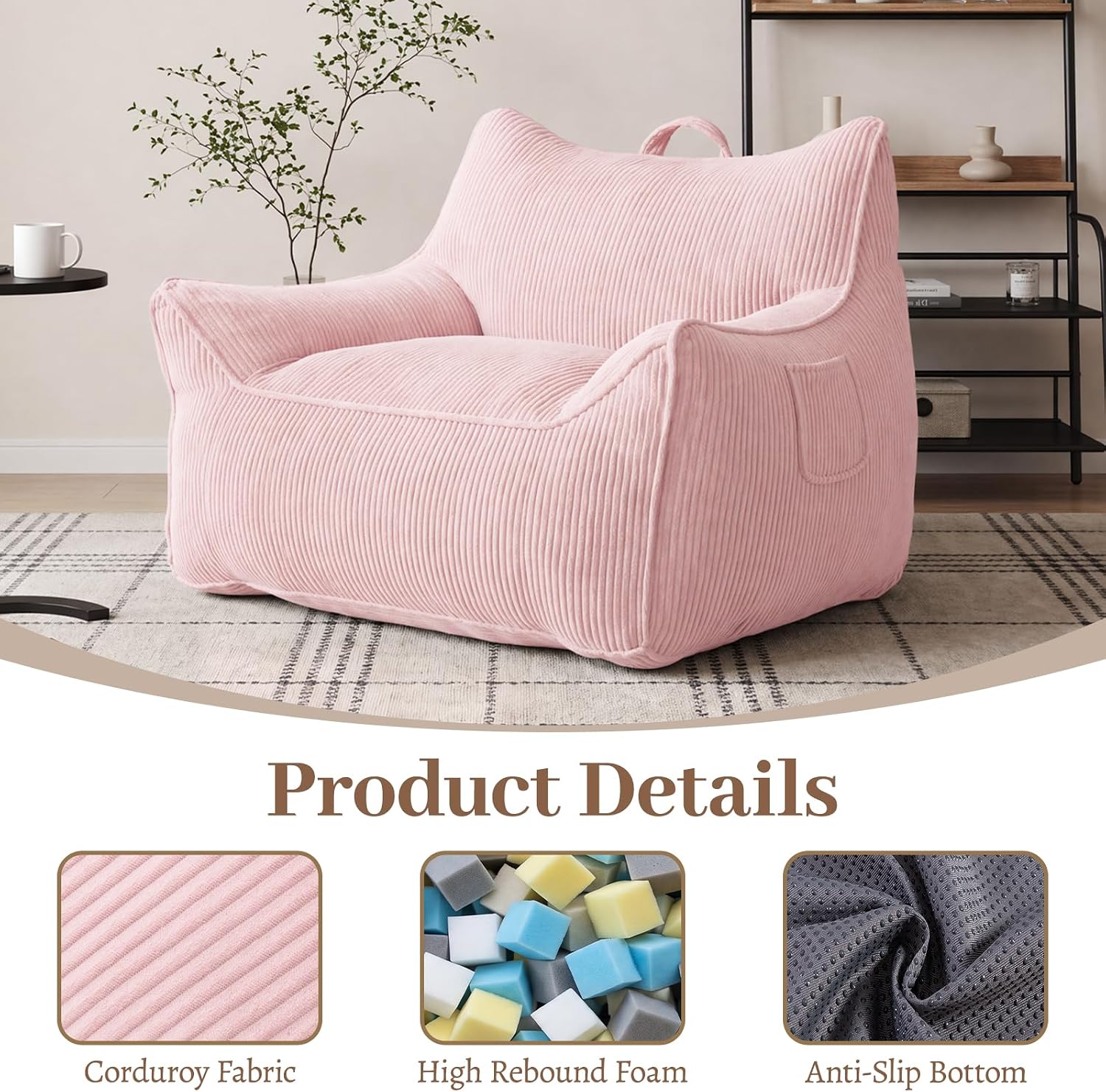 Vipbear Bean Bag Chair for Adults, Chair with Memory Foam | 35.5" Corduroy Beanbag Washable, Cozy Fluffy Chair with Pocket & Handle, Ergonomic Bedroom Sofa Chair for Gaming, Reading