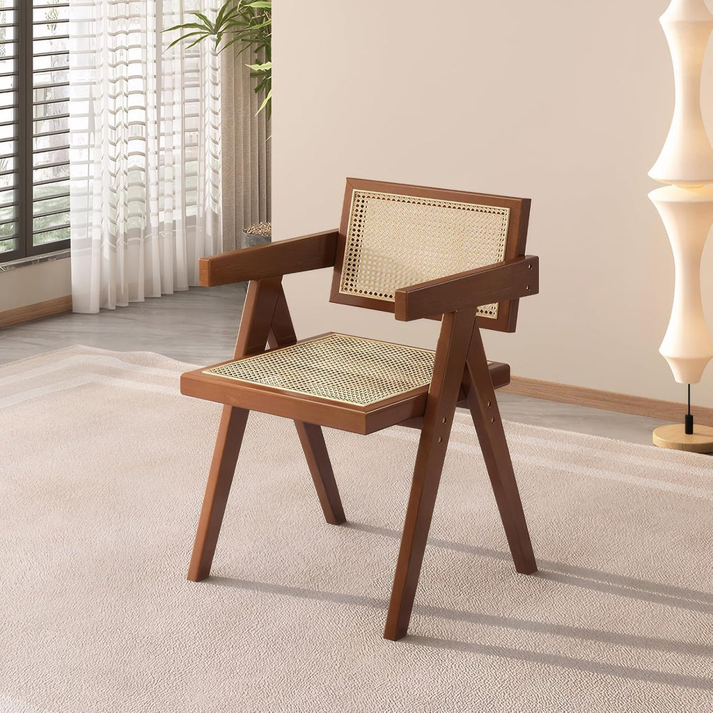 Mid Century Dining Chairs Set of 2, Rattan Accent Armchairs for Living Room, Kitchen, Patio, Brown Wooden Chairs