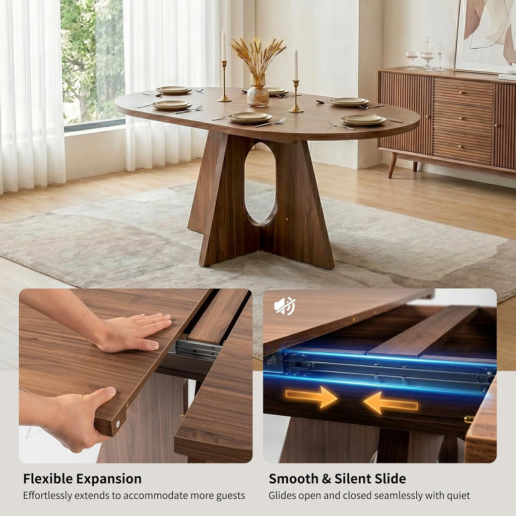 HIPIHOM 43.3"-59" Expandable Round Dining Table, Modern Walnut Kitchen Table, Space Saving Mid-Century Extendable Table for Dining Room