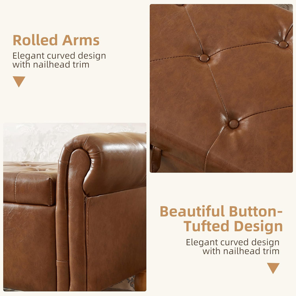 Storage Ottoman Bench, 50" Modern Upholstered End of Bed Bench, Faux Leather Rolled Armed Button-Tufted Ottoman with Storage for Living Room, Entryway, Window, Brown
