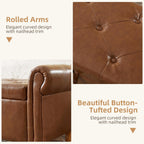 Storage Ottoman Bench, 50" Modern Upholstered End of Bed Bench, Faux Leather Rolled Armed Button-Tufted Ottoman with Storage for Living Room, Entryway, Window, Brown