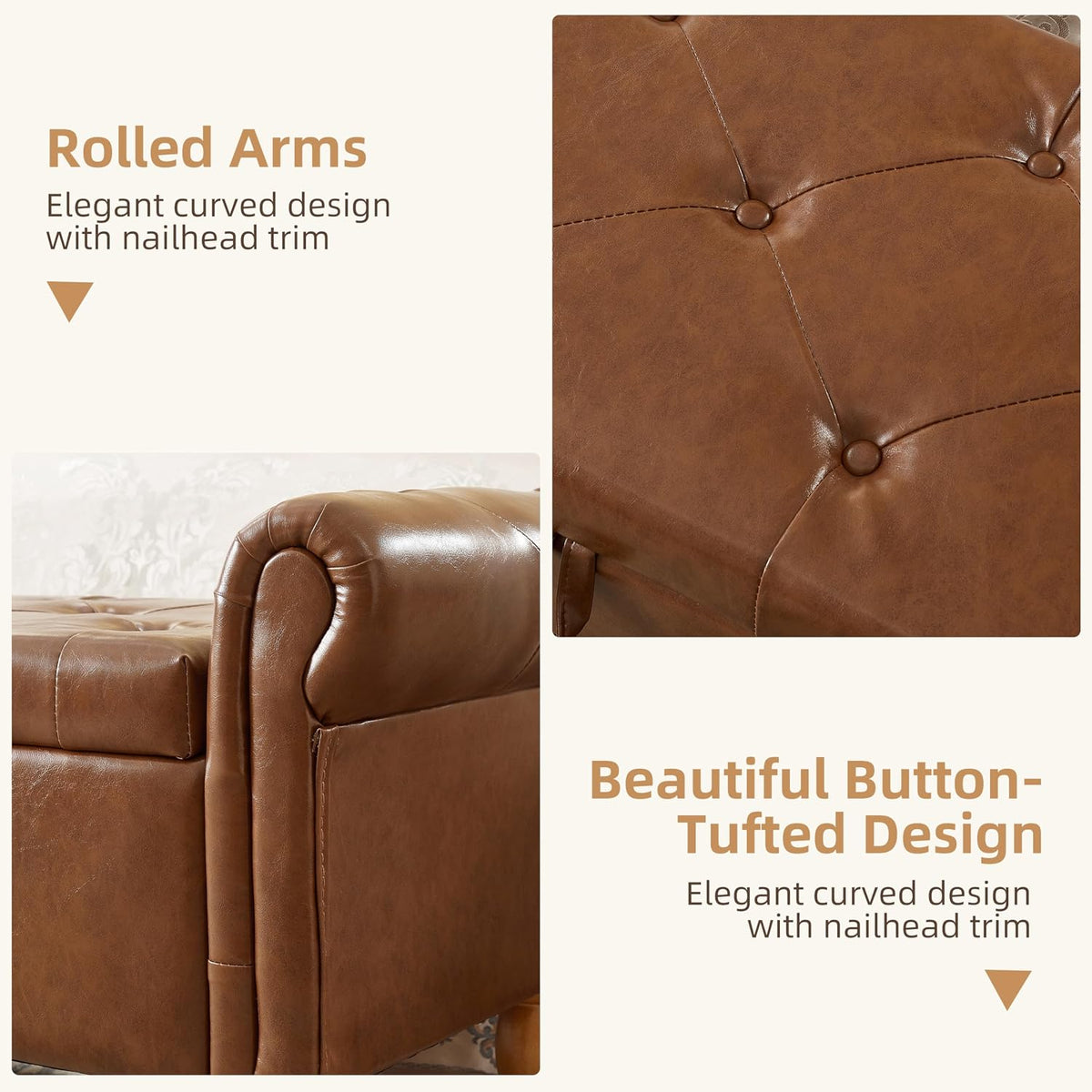Storage Ottoman Bench, 50" Modern Upholstered End of Bed Bench, Faux Leather Rolled Armed Button-Tufted Ottoman with Storage for Living Room, Entryway, Window, Brown