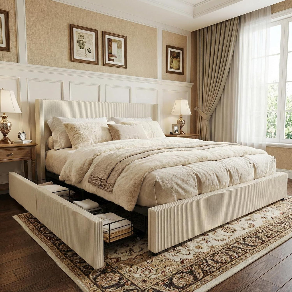GarveeHome King Beige Storage Bed Frame, Corduroy Upholstered Platform Bedframe with 4 Drawers and Headboard, No Box Spring Needed, Easy Assembly