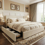 GarveeHome King Beige Storage Bed Frame, Corduroy Upholstered Platform Bedframe with 4 Drawers and Headboard, No Box Spring Needed, Easy Assembly