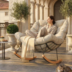 FLEXISPOT Oversized Outdoor Rocking Chair with Thick Cushion, Beige | Thick Cushioned Seat, Bonus Pillow, Modern Patio Papasan Rocker, Metal Frame Wood Base, For Porch Balcony Living Room