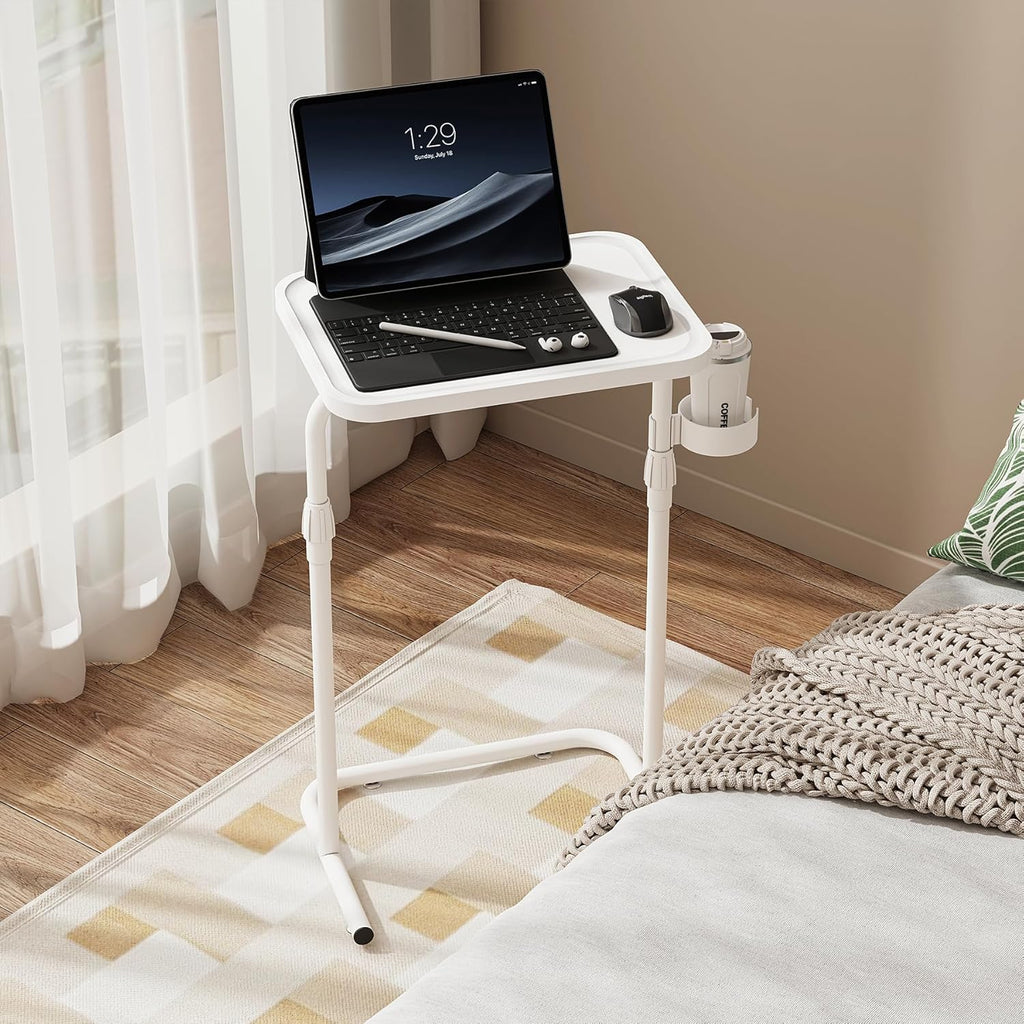 TUTOTAK C Shaped End Table with Tiltable Surface, Set of 2, Adjustable Height Side Table, Slide Under Couch Table TV Tray for Eating, Sofa Tray for Livingroom, Bedroom White TB01BW0912