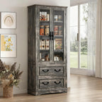 YITAHOME 76'' Kitchen Pantry Cabinet with 2 Drawers, Tall Storage Cabinet with Glass Doors & Adjustable Shelves, Freestanding Display Curio Cabinet for Collectibles, Living Room, Dark Rustic Oak